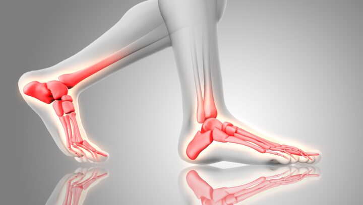 3D render of feet close up with glowing bones